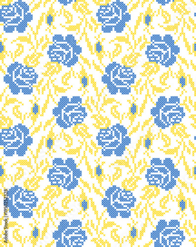 Seamless Ukrainian embroidery vector pattern with traditional vyshyvanka floral ornament. Yellow and blue flowers with decorative branches and leaves