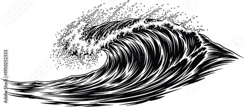 This black and white illustration depicts a large, powerful ocean wave in a stylized, dynamic manner. The wave's crest curls sharply, breaking into a spray of foam and water droplets. The body of the 
