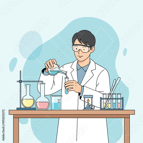 Scientist pouring liquid into test tube in laboratory with equipment