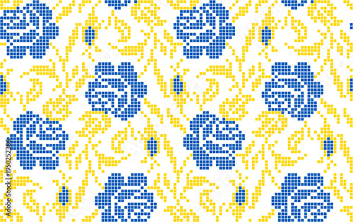 Seamless Ukrainian embroidery vector pattern with traditional vyshyvanka floral ornament. Yellow and blue flowers with decorative branches and leaves