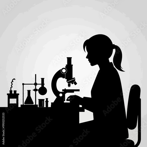 Scientist silhouette using microscope in laboratory, research and development concept