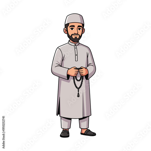 Cartoon Muslim man wearing traditional clothing holding rosary