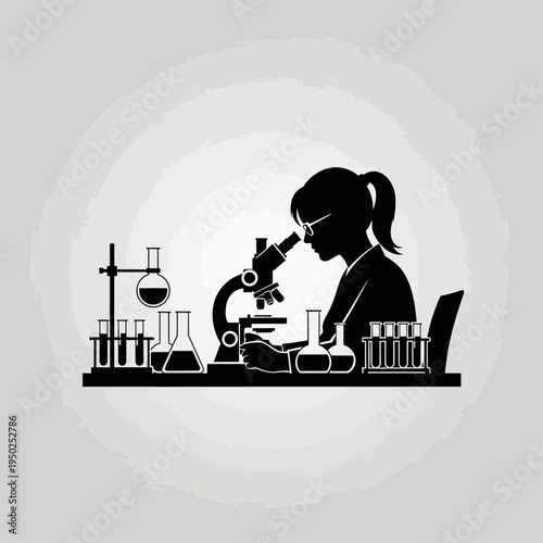 Scientist Woman Researching with Microscope in Laboratory, Silhouette