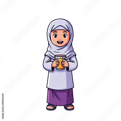 Cartoon girl wearing hijab holding a cup of juice or tea
