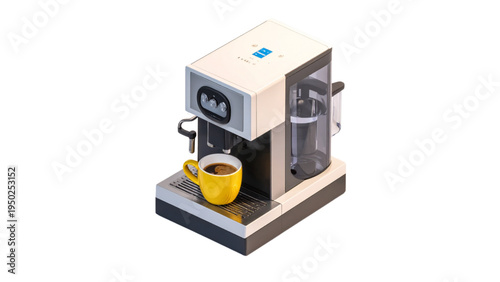 Isometric coffee machine appliance with yellow cup of espresso and water tank for office and home kitchen interior design and morning routine theme.