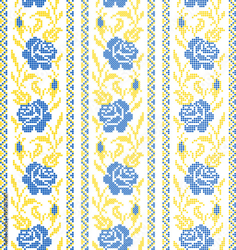 Ukrainian vyshyvanka embroidery seamless vector set with traditional folk floral ornament. Yellow and blue ethnic textile pattern with flowers, branches and leaves
