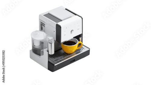 Isometric coffee machine appliance with yellow cup of espresso and water tank for office and home kitchen interior design and morning routine theme.