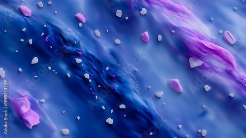 Abstract space scene featuring flowing blue and purple waves with rocks.