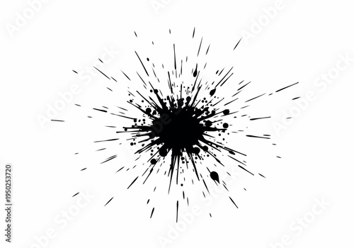 Black ink splash with radiating fine lines and tiny dots, abstract explosion of dark color on white background