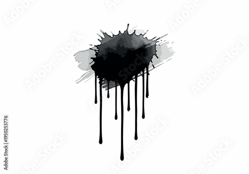 An abstract black ink splash with dripping liquid, creating a dynamic and artistic splatter effect on a white background