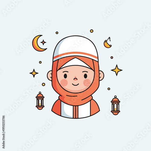 Cartoon Muslim child in orange and white outfit smiling with lanterns and celestial bodies