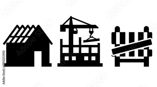 Construction Icons Set - Building, Crane, and Barrier