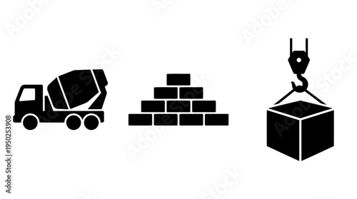 Construction industry icons truck, bricks, and crane