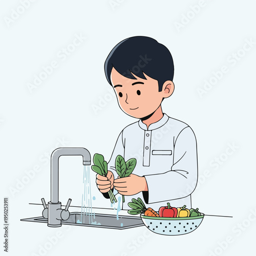 Boy washing vegetables under kitchen faucet