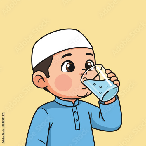 Young boy in traditional headwear drinking from glass