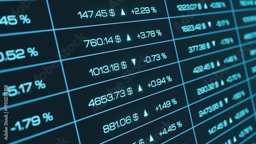 Close-up blue spreadsheet,  with stock market data, financial figures, prices moving up and down, trading. Investment prices, percentage changes, calculation, analyzing, market research.
