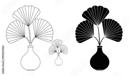 A minimalist vector graphic illustration of a vase with fan-shaped flowers