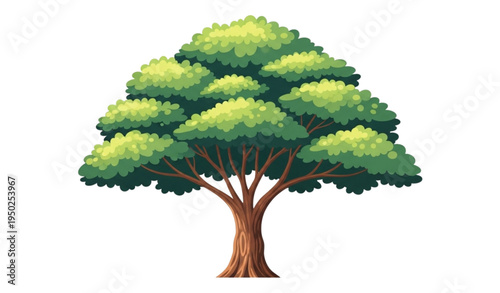 A vibrant green tree with a thick trunk and lush foliage