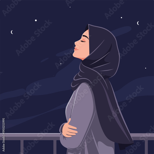 Woman wearing hijab looking up at night sky with stars