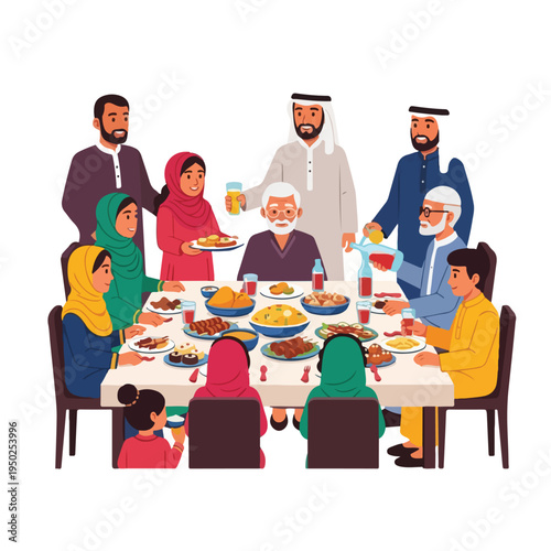 Diverse family and friends gather for a meal together