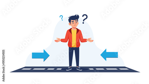 Lost man standing on a road and looking confused about which direction to take with two blue arrows pointing in opposite ways on either side.