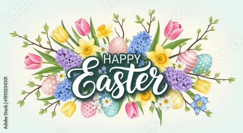 Happy easter greeting card with colorful flowers and eggs on white background festive holiday design