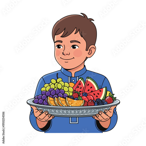 Boy holding a platter of fresh fruit