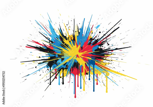 Vibrant abstract explosion of cyan, magenta, yellow, and black paint splatters creating a dynamic burst of color and energy on a white background, perfect for graphic design elements