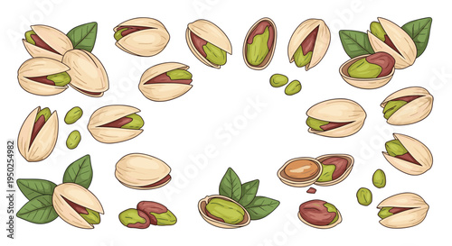 Collection of hand-drawn pistachio nut illustrations including whole shells, cracked open nuts, green kernels, and small leaves on a white backdrop.