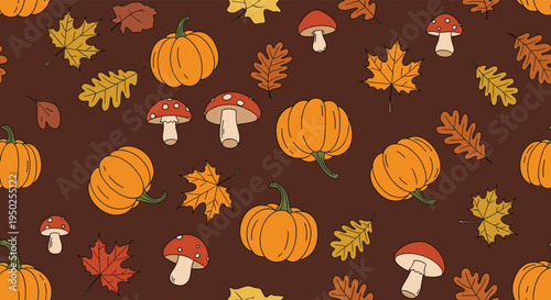 Cozy autumn seamless pattern featuring orange pumpkins, red mushrooms, and colorful fallen leaves scattered on a warm dark brown background surface.