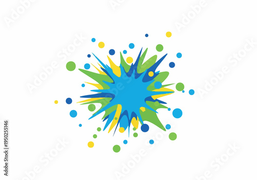 Explosion of colorful dots and abstract shapes creating a vibrant, dynamic burst of energy and excitement