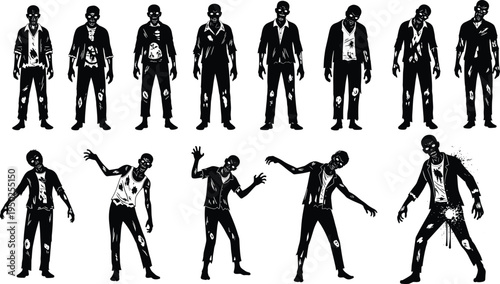 Collection of black zombie silhouettes in various poses with tattered clothing spooky horror design illustration suitable for Halloween decorations games posters and creative projects