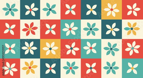Colorful geometric seamless pattern designed with a grid of red, blue, and yellow squares each containing a simple six-petaled flower motif.