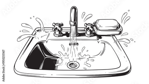 Broken Water Pipe Flooding Sink Line Art Vector Illustration for Plumbing Repair Emergency Services and Home Maintenance Graphics