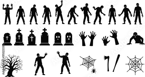 Collection of Halloween silhouettes featuring zombies gravestones twisted tree spider webs and spooky weapons horror design illustration suitable for decorations posters games and creative projects