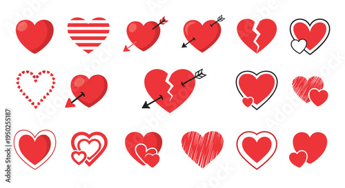 Diverse set of red heart icons and symbols featuring solid hearts, broken hearts, hearts with arrows, and hearts within outlines for romance.