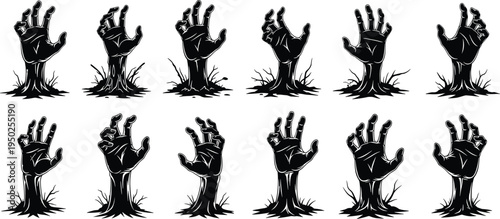 Collection of stylized zombie hands emerging from ground spooky horror illustration with skeletal decayed appearance suitable for Halloween decorations posters games and creative projects