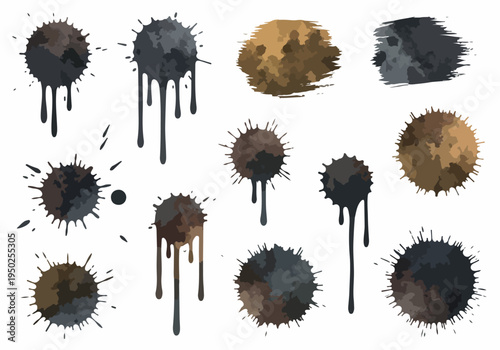 Set of Diverse Ink Splatter and Drip Textures with Brown and Black Tones for Creative Design Applications
