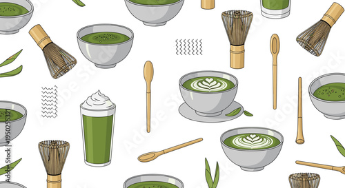 Elegant seamless pattern showcasing matcha green tea elements like bamboo whisks, ceramic bowls, spoons, and latte glasses on a white background.