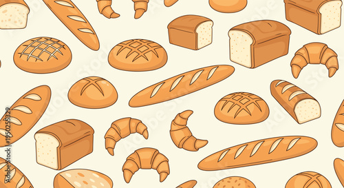 Tasty seamless pattern filled with different types of freshly baked bread, long baguettes, and flaky croissants on a soft cream background surface.
