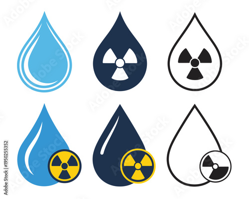 Water, drop icon featuring radiation warning symbol, representing radioactive liquid hazard, chemical safety and environmental alert concept, modern flat vector illustration for labs, industrial 
