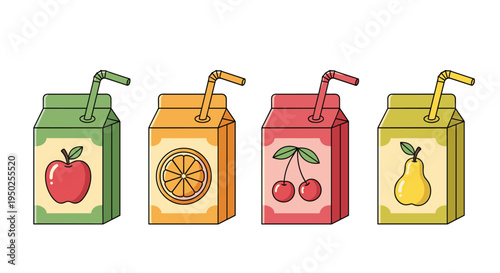 Set of four colorful fruit juice boxes with straws featuring apple, orange, cherry, and pear flavors on a plain white background for kids.