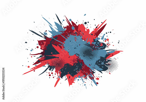 Abstract explosion of red and blue ink splashes with distressed halftone dots, representing creative energy and artistic expression