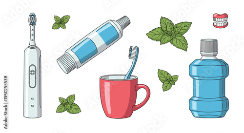 Set of dental care product illustrations including an electric toothbrush, toothpaste tube, mouthwash, rinsing cup, and fresh mint leaves.