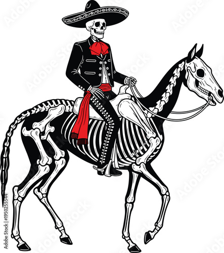 Stylized skeleton in Mexican charro attire riding skeletal horse with sombrero red scarf and festive design Day of the Dead illustration for cultural creative projects