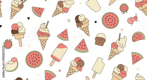 Adorable seamless pattern illustrated with cute ice cream cones, popsicles, watermelons, and strawberries with happy faces for children.