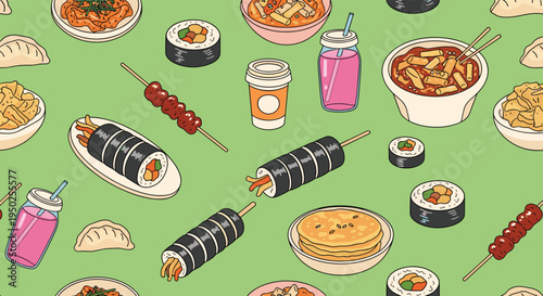 Mouthwatering seamless pattern featuring various Korean street food delicacies like gimbap, tteokbokki, dumplings, and skewers on a green backdrop.