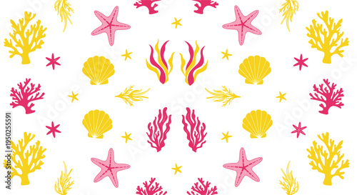 Vibrant marine theme seamless pattern featuring pink starfish, yellow coral, seashells, and seaweed arranged symmetrically on a white background.