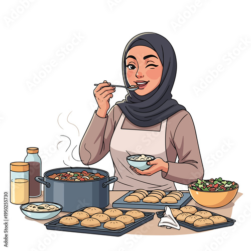 Woman wearing hijab enjoying a spoonful of food in a kitchen