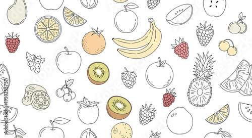 Minimalist seamless pattern featuring various fruit line drawings like pineapples, bananas, apples, kiwis, and berries with soft color accents.